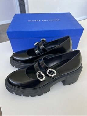 Stuart Weitzman soho leighton mary jane supermoto black leather chunky lug flats